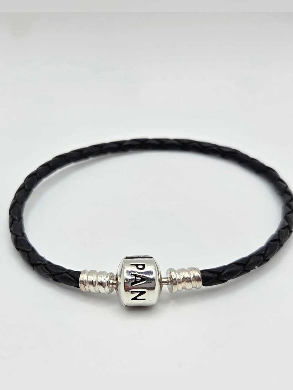 Pandora Moments Black Braided Leather Bracelet with Sterling Silver Size 7.5